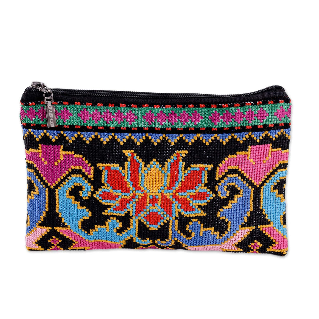 Floral Iroki Embroidered Silk Cosmetic Bag in Black Base Hue - Nocturnal Oasis
