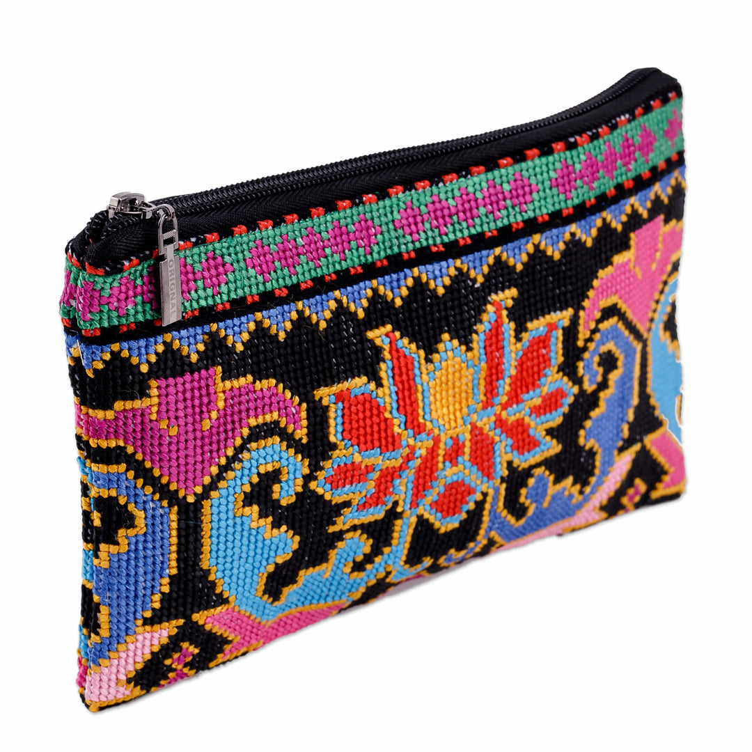 Floral Iroki Embroidered Silk Cosmetic Bag in Black Base Hue - Nocturnal Oasis