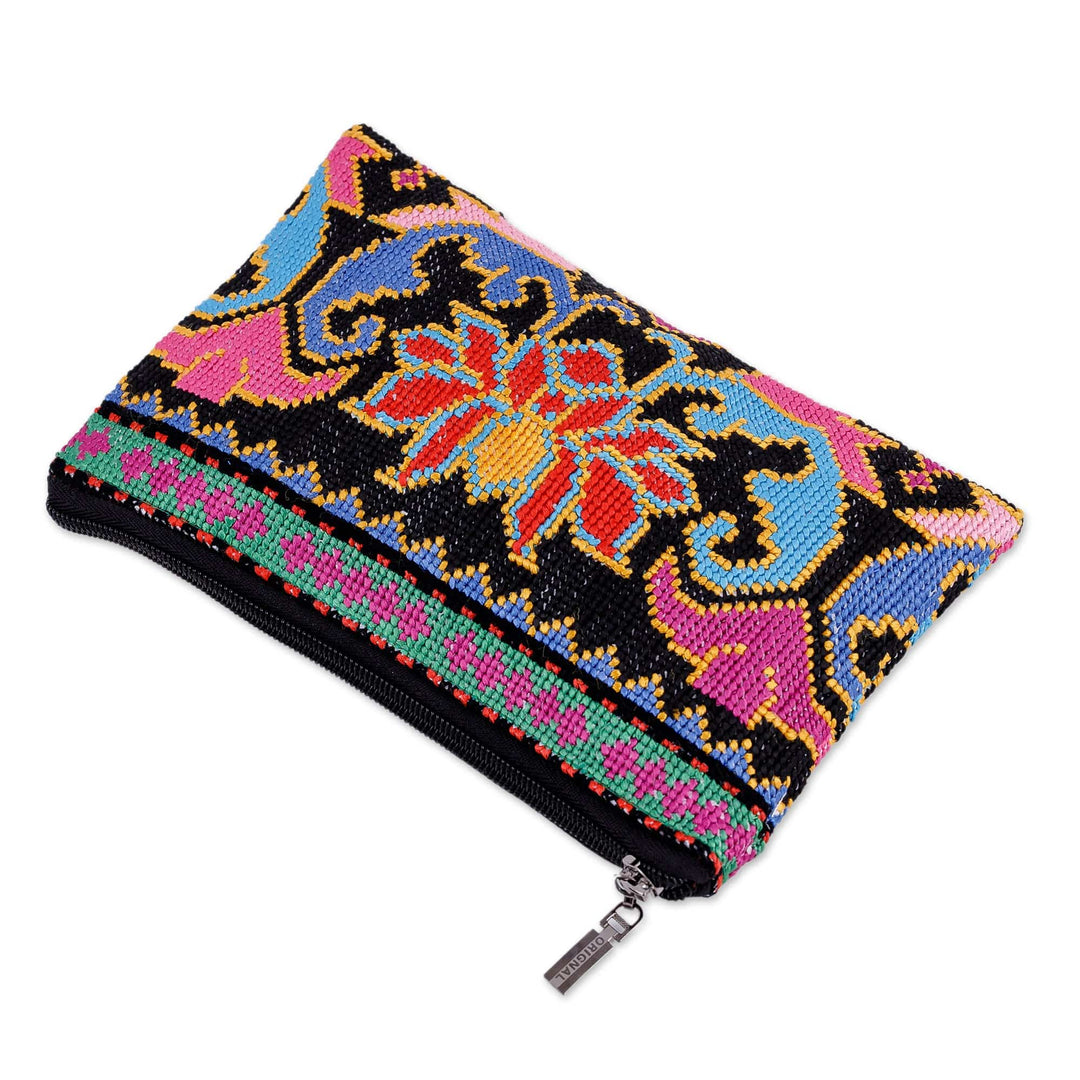 Floral Iroki Embroidered Silk Cosmetic Bag in Black Base Hue - Nocturnal Oasis