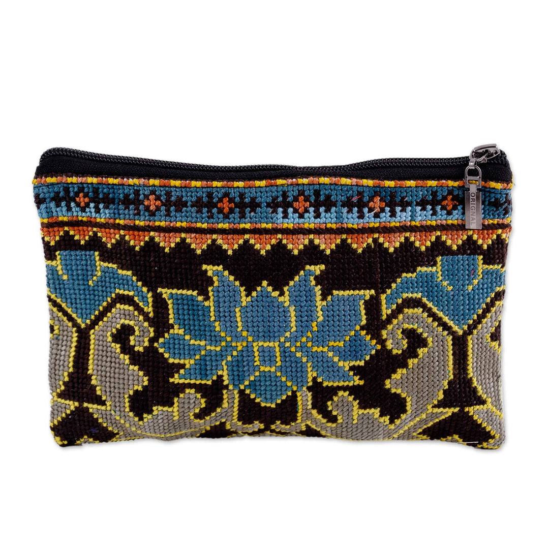 Floral Iroki Embroidered Silk Cosmetic Bag in Blue and Brown - Serene Oasis