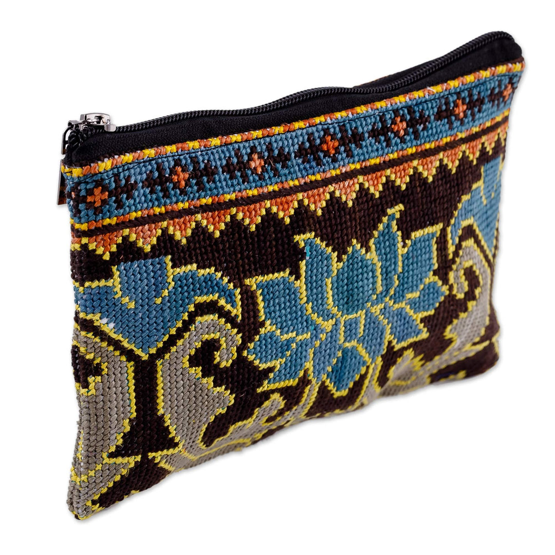 Floral Iroki Embroidered Silk Cosmetic Bag in Blue and Brown - Serene Oasis