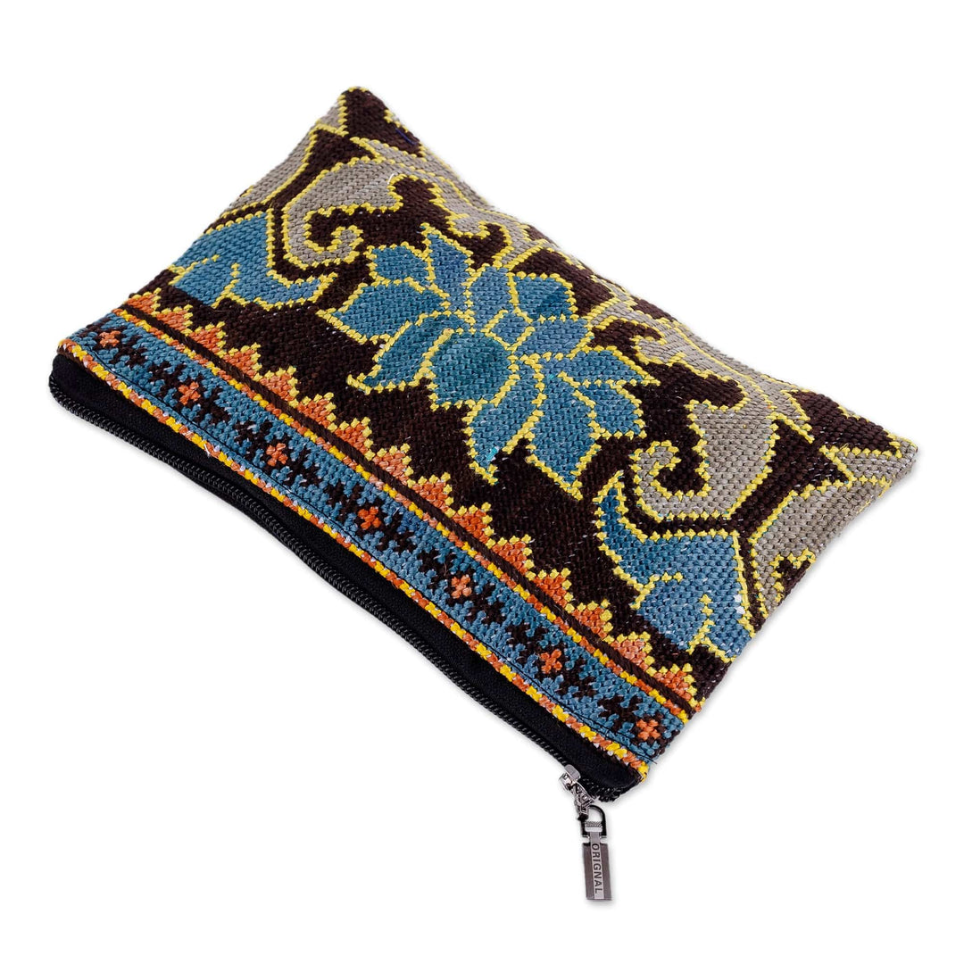 Floral Iroki Embroidered Silk Cosmetic Bag in Blue and Brown - Serene Oasis