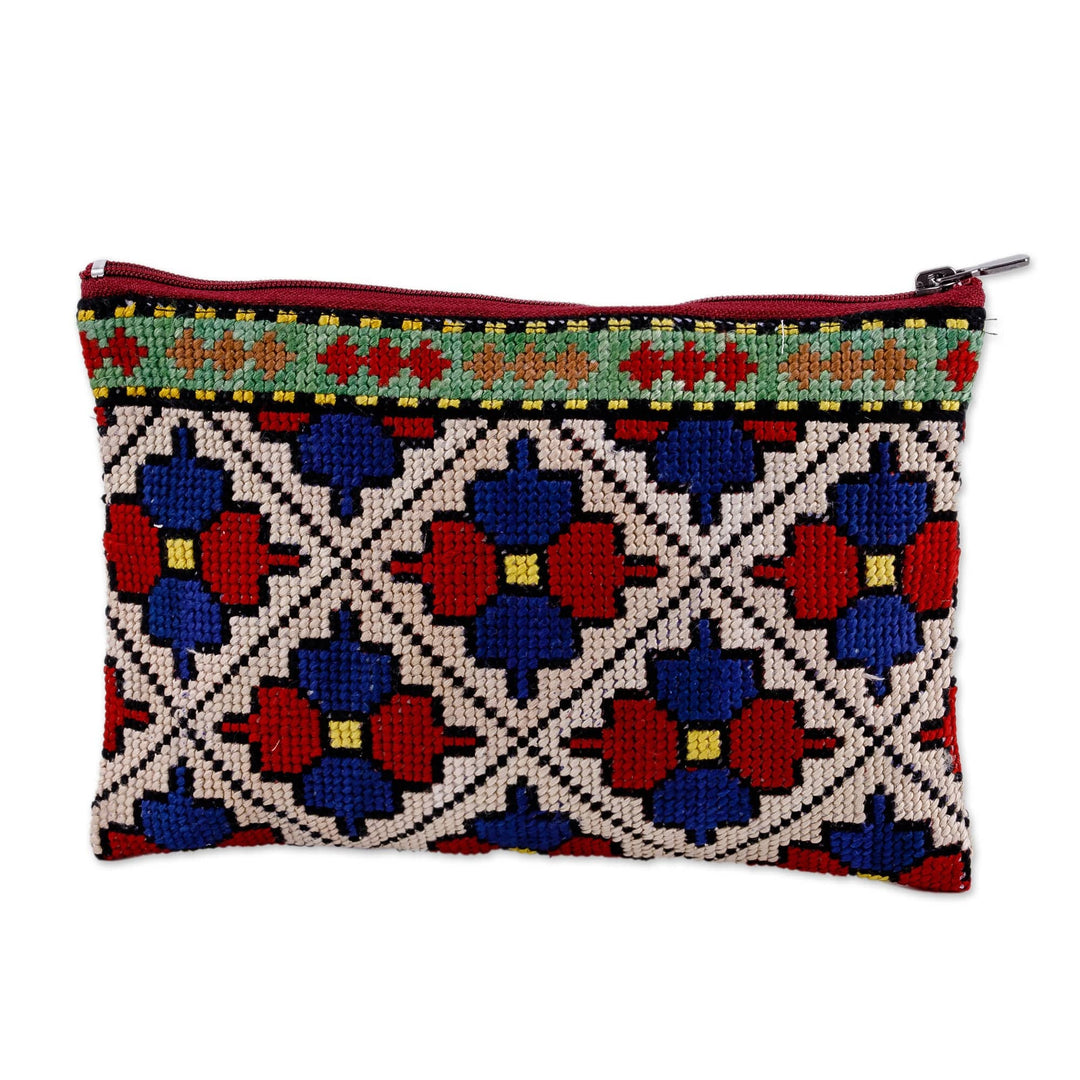 Floral Iroki Embroidered Silk Cosmetic Bag in Red and Blue - Palace Glory