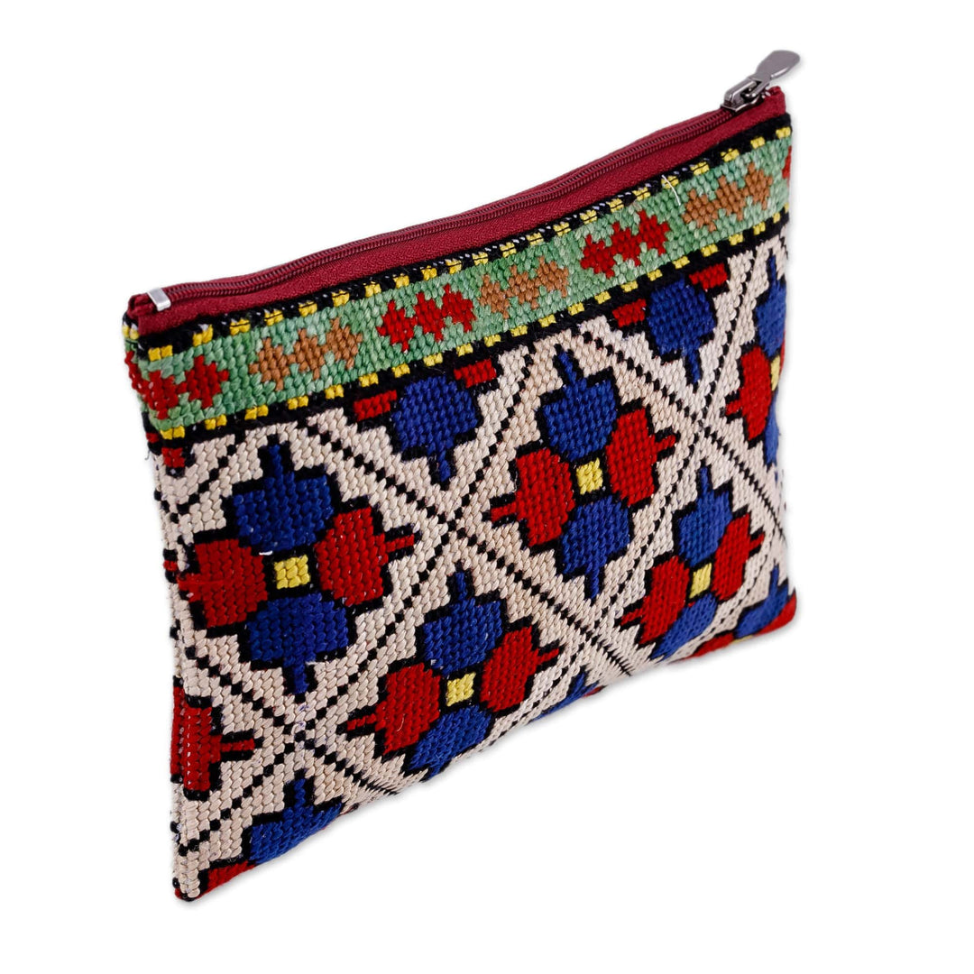 Floral Iroki Embroidered Silk Cosmetic Bag in Red and Blue - Palace Glory