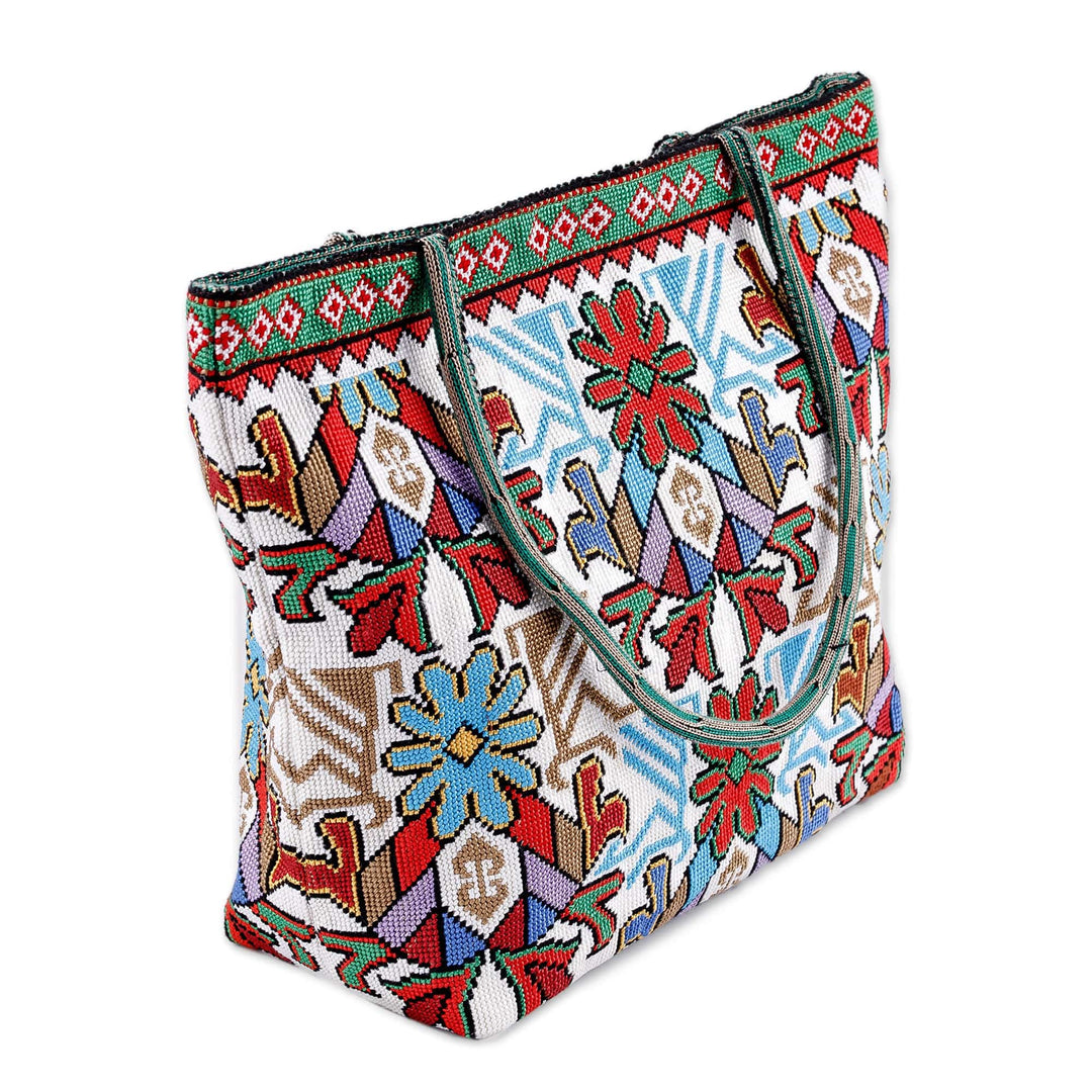 Floral Iroki Embroidered Blue and Green Shoulder Bag - Uzbekistan's Blue Dream