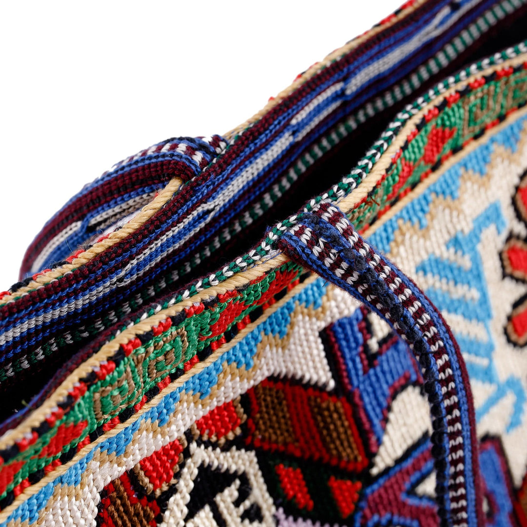 Floral Iroki Embroidered Blue and Red Shoulder Bag - Uzbekistan's Red Dream