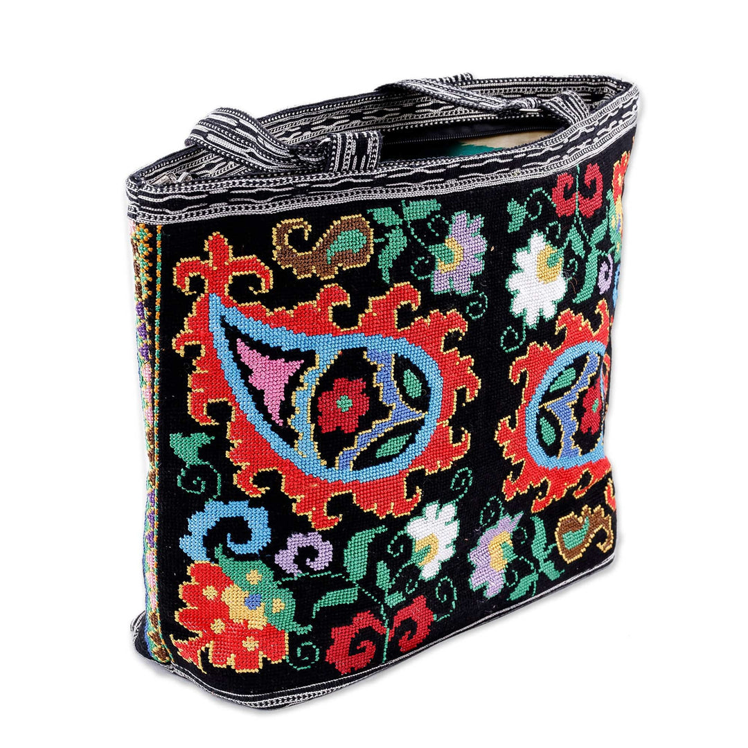 Paisley-Themed Vibrant Iroki Embroidered Handbag in Black - Paisley Nights