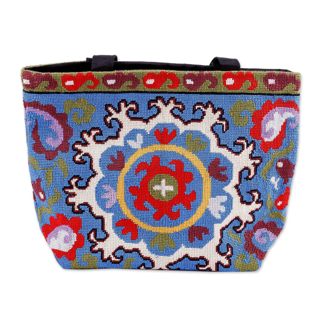 Paisley-Inspired Iroki Embroidered Zippered Blue Handbag - Paisley Festival