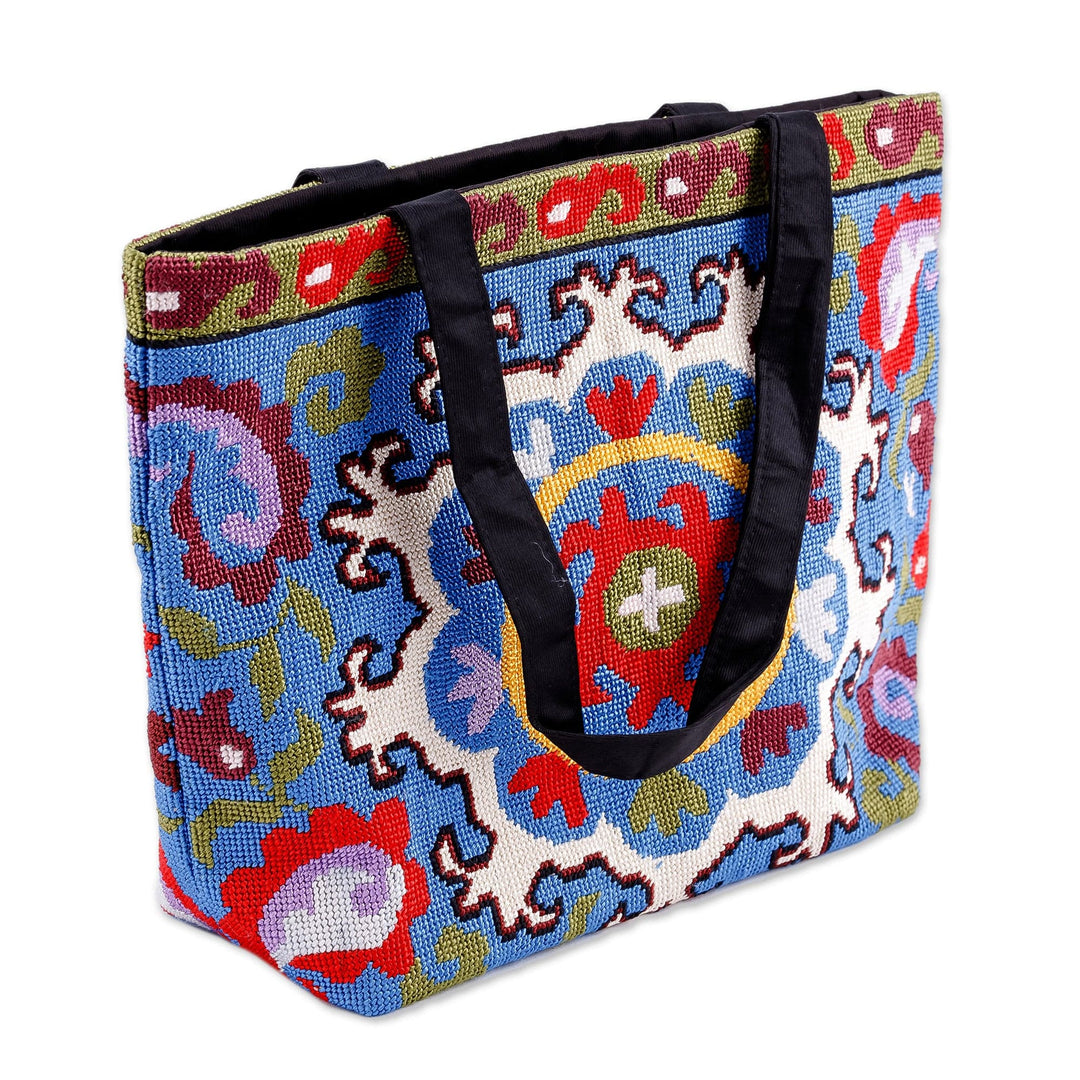 Paisley-Inspired Iroki Embroidered Zippered Blue Handbag - Paisley Festival
