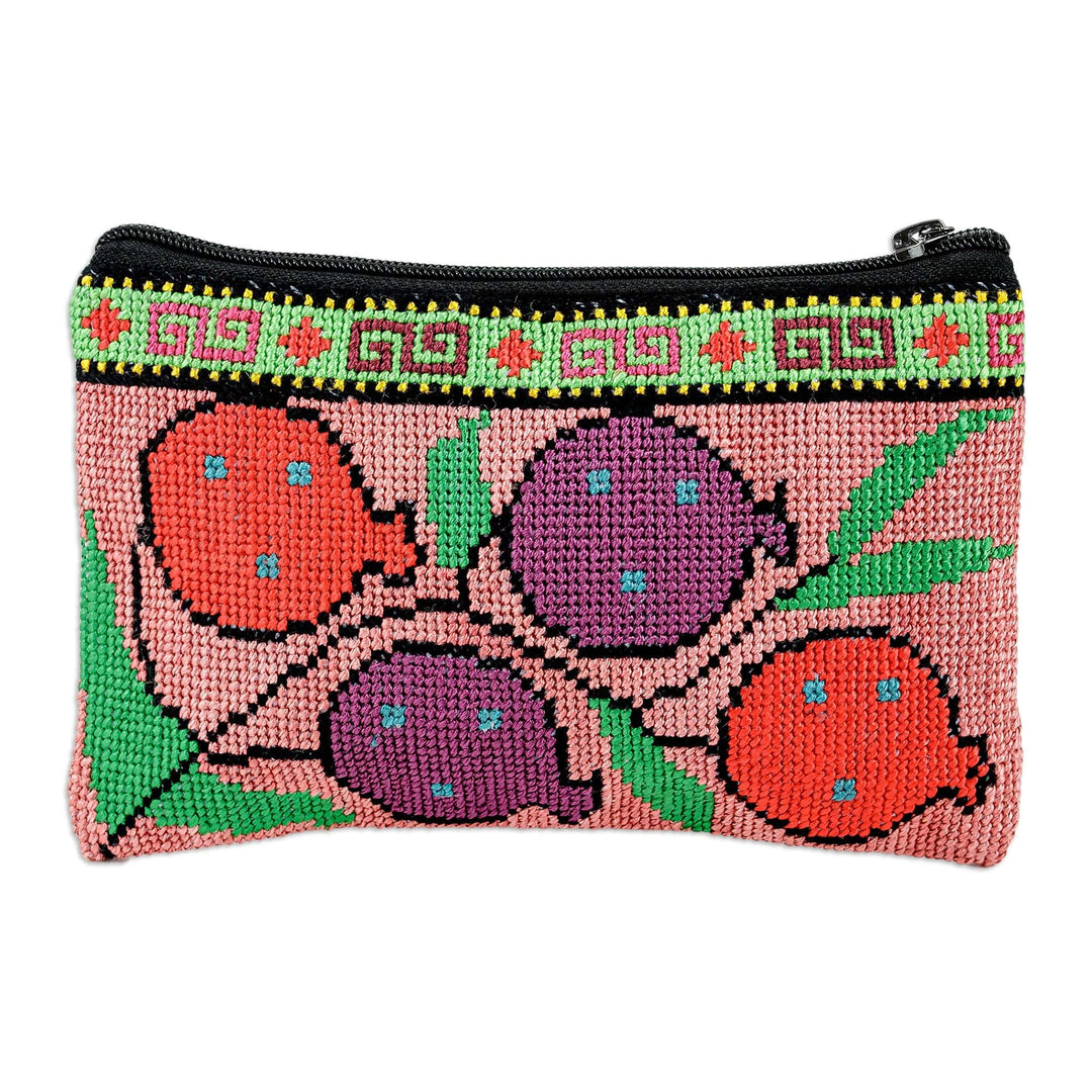 Pink Cosmetic Bag with Pomegranate Suzani Hand Embroidery - Cool Pomegranate
