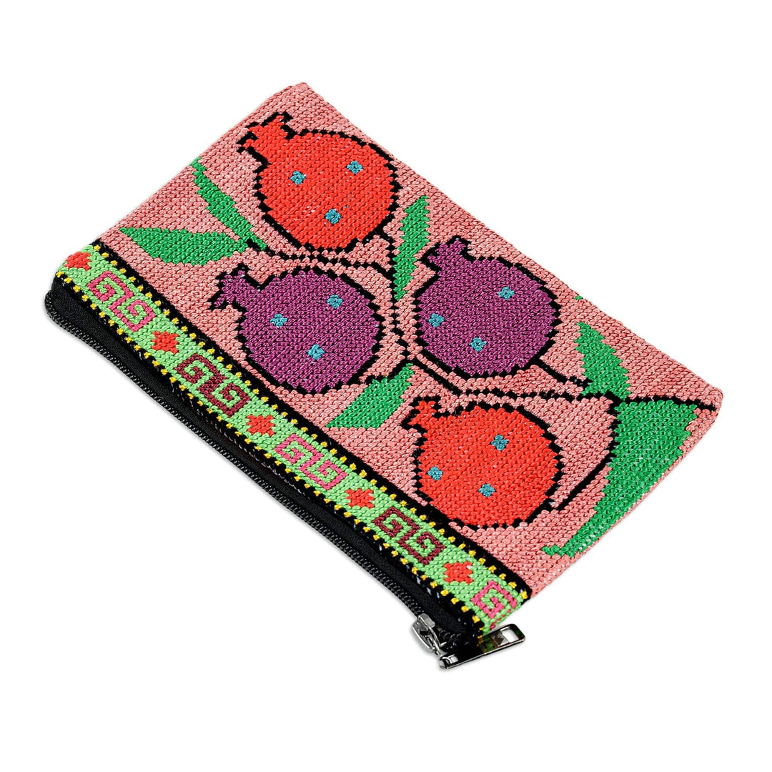 Pink Cosmetic Bag with Pomegranate Suzani Hand Embroidery - Cool Pomegranate