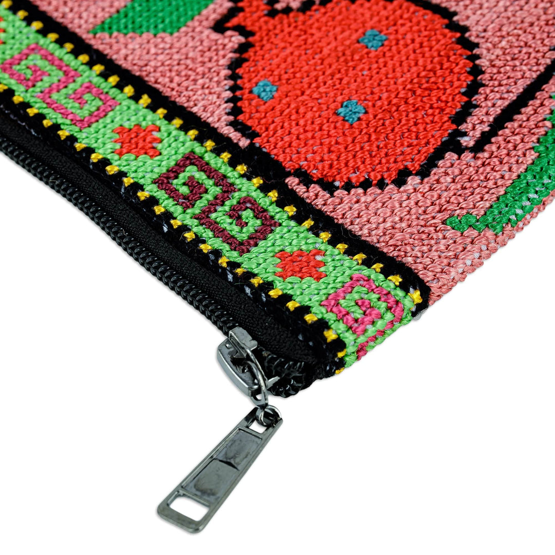 Pink Cosmetic Bag with Pomegranate Suzani Hand Embroidery - Cool Pomegranate