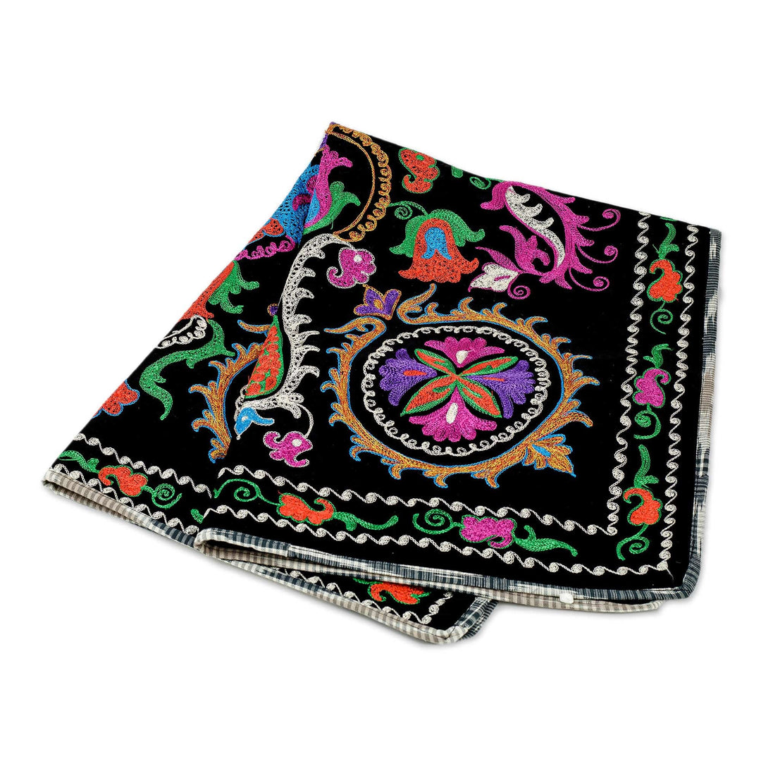 Cotton Blend Tapestry with Suzani Floral Hand Embroidery - Chic Flora