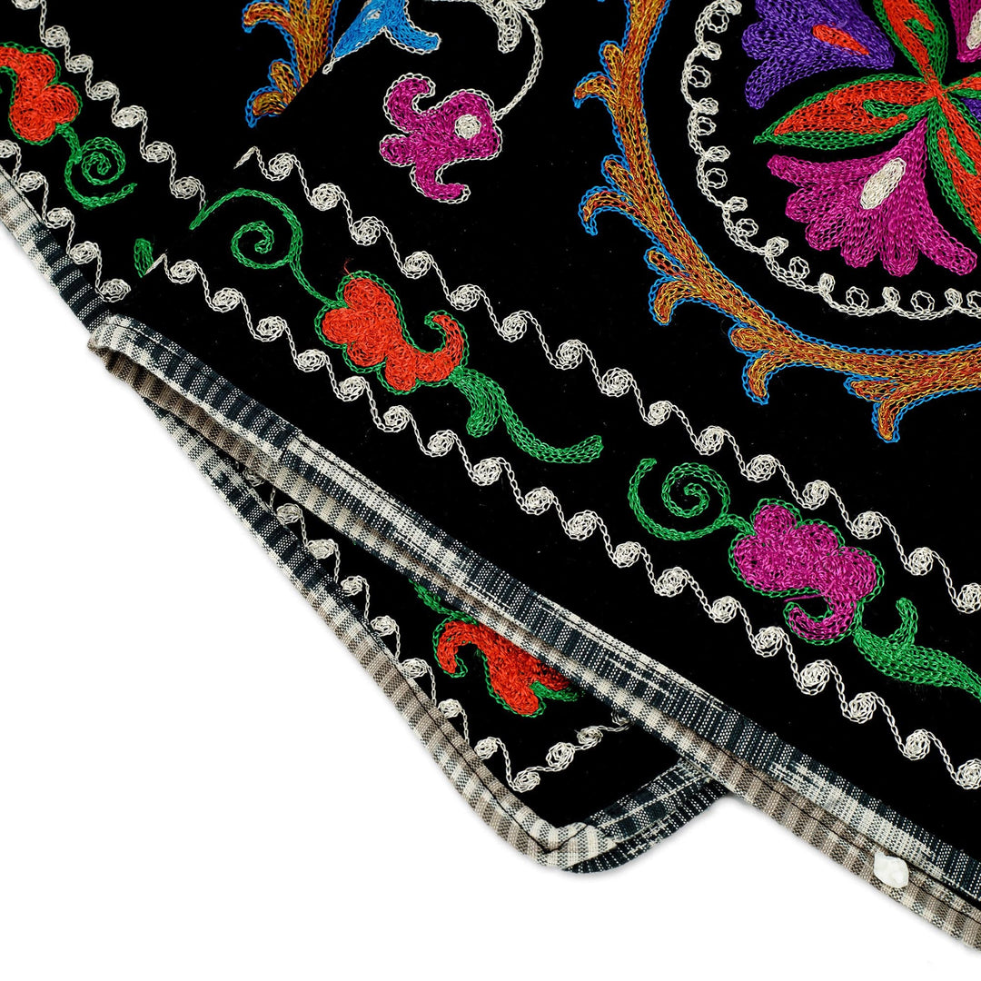 Cotton Blend Tapestry with Suzani Floral Hand Embroidery - Chic Flora