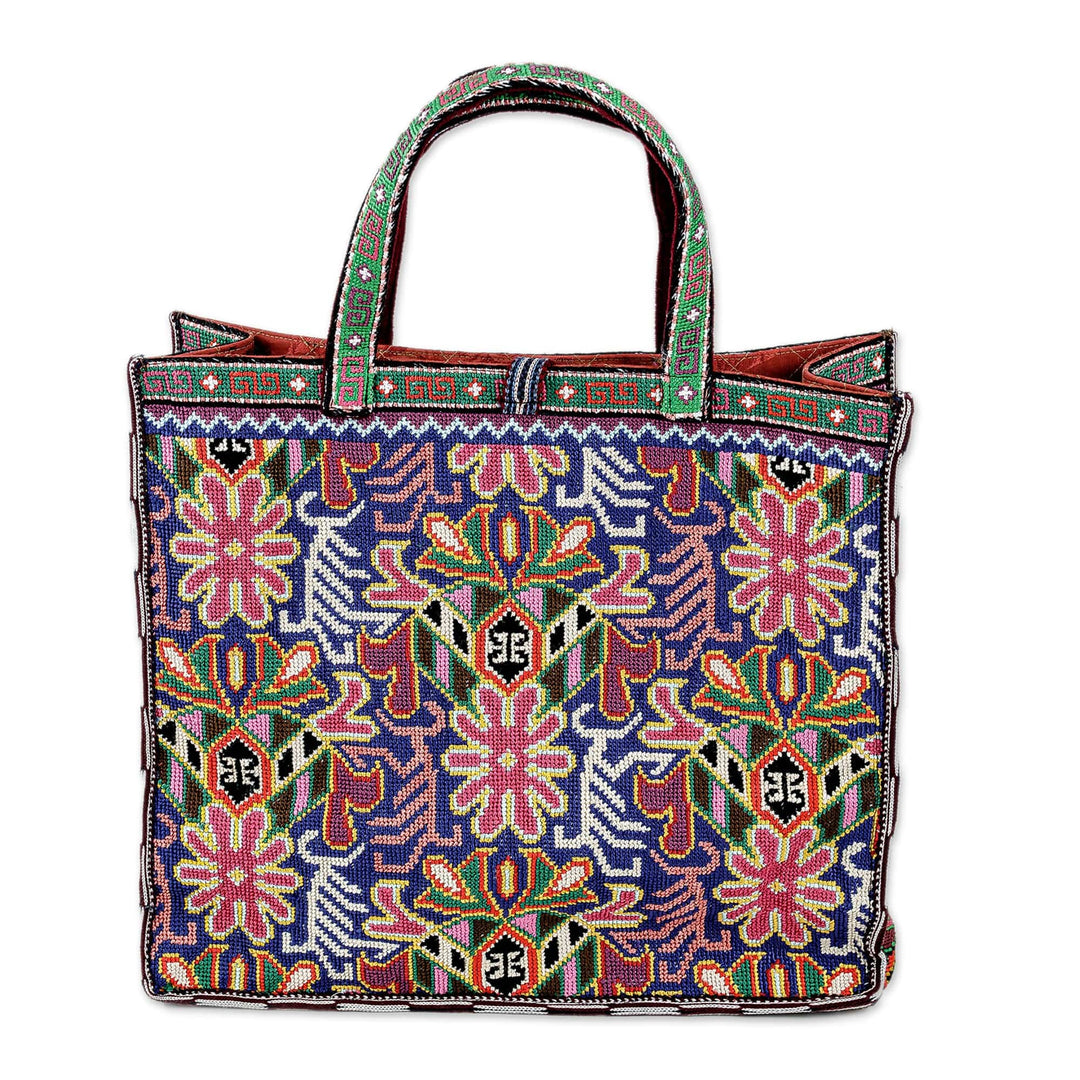 Tote Bag with Floral Iroki Hand Embroidery from Uzbekistan - Alluring Flora