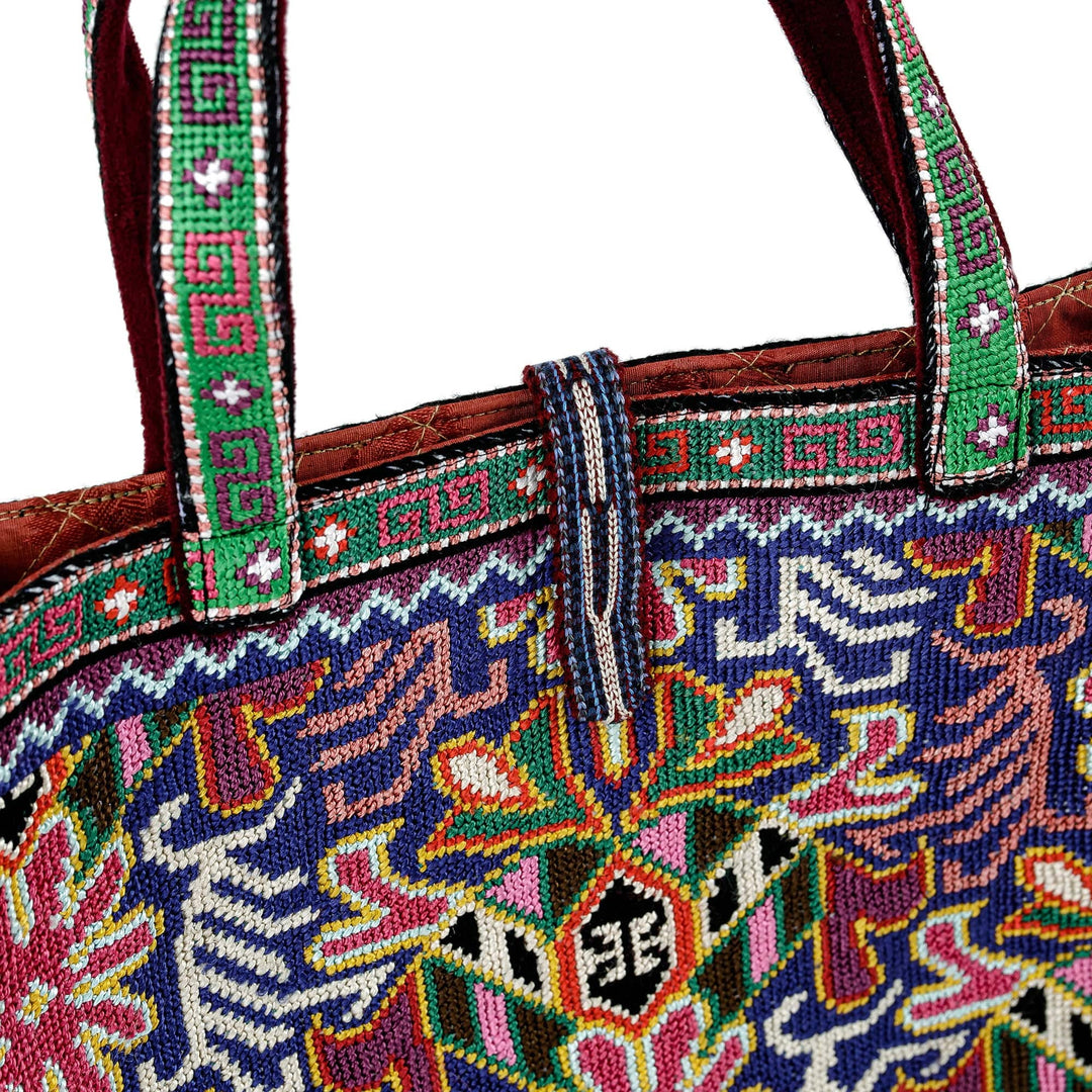 Tote Bag with Floral Iroki Hand Embroidery from Uzbekistan - Alluring Flora