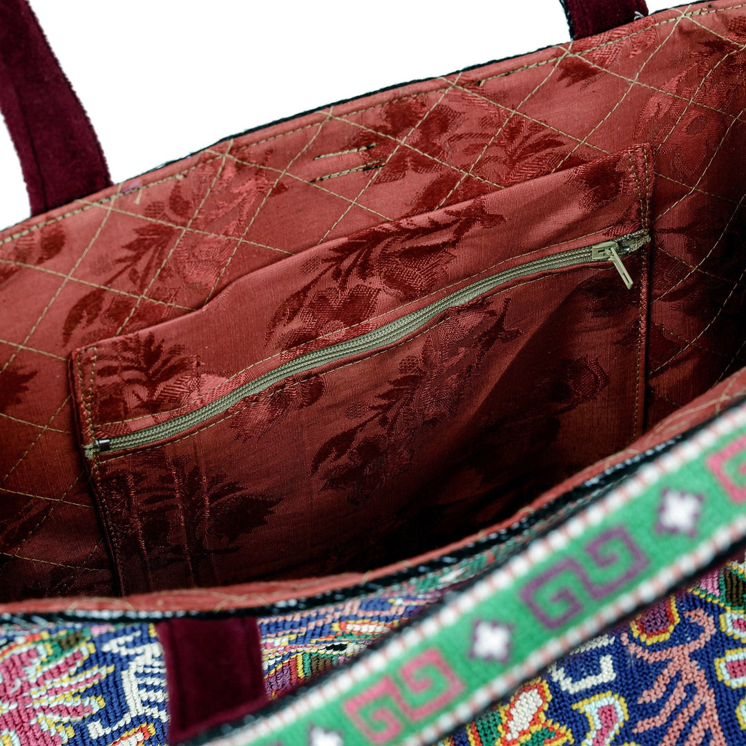 Tote Bag with Floral Iroki Hand Embroidery from Uzbekistan - Alluring Flora