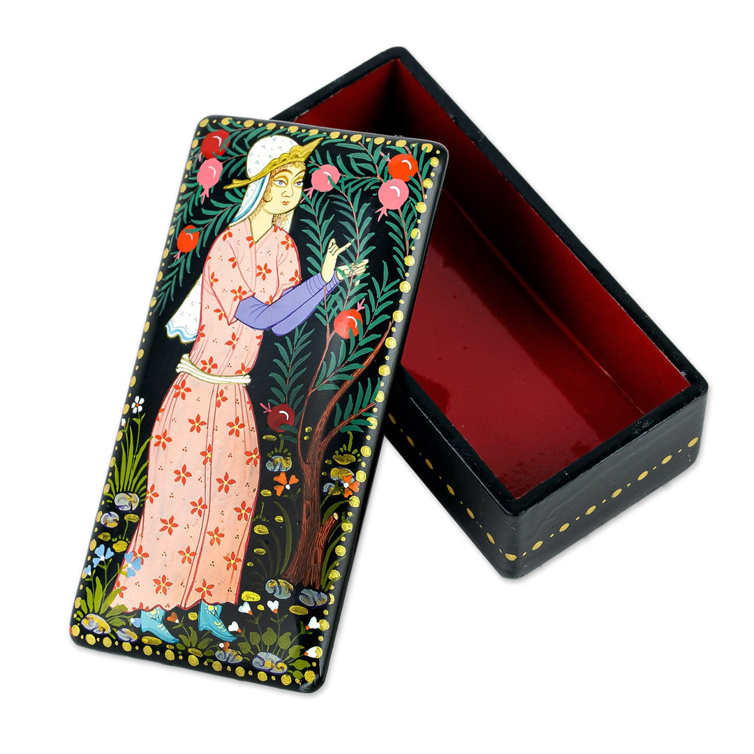 Woman & Pomegranate Tree Lacquered Walnut Wood Jewelry Box - Pomegranate Enchantment