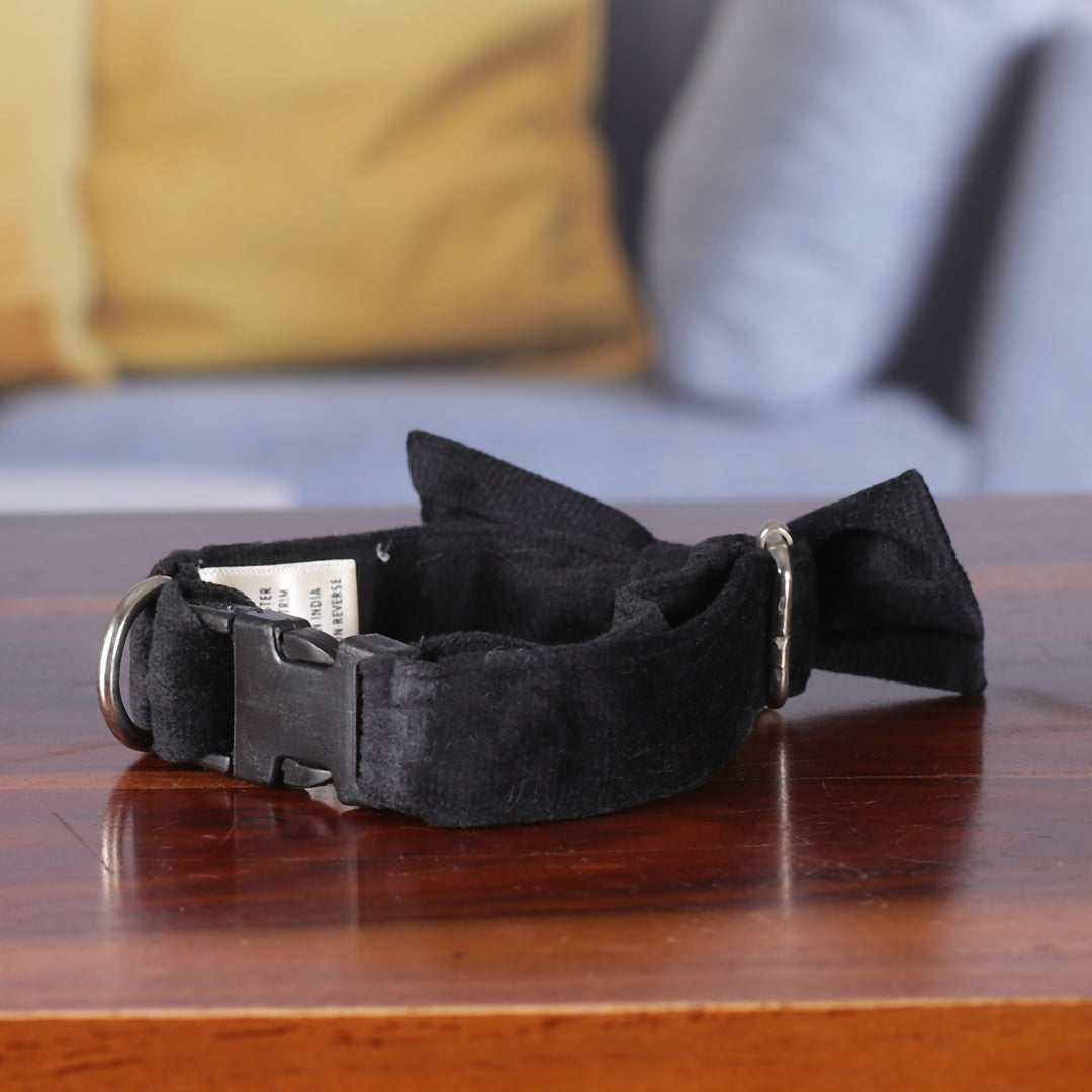 Faux Velvet Adjustable Pet Collar with Bow Tie in Onyx - Royal Elegance in Onyx