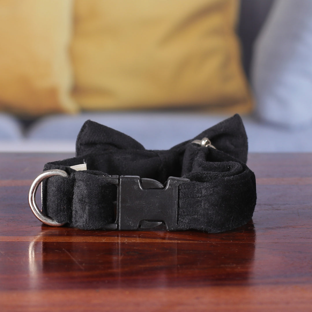 Faux Velvet Adjustable Pet Collar with Bow Tie in Onyx - Royal Elegance in Onyx