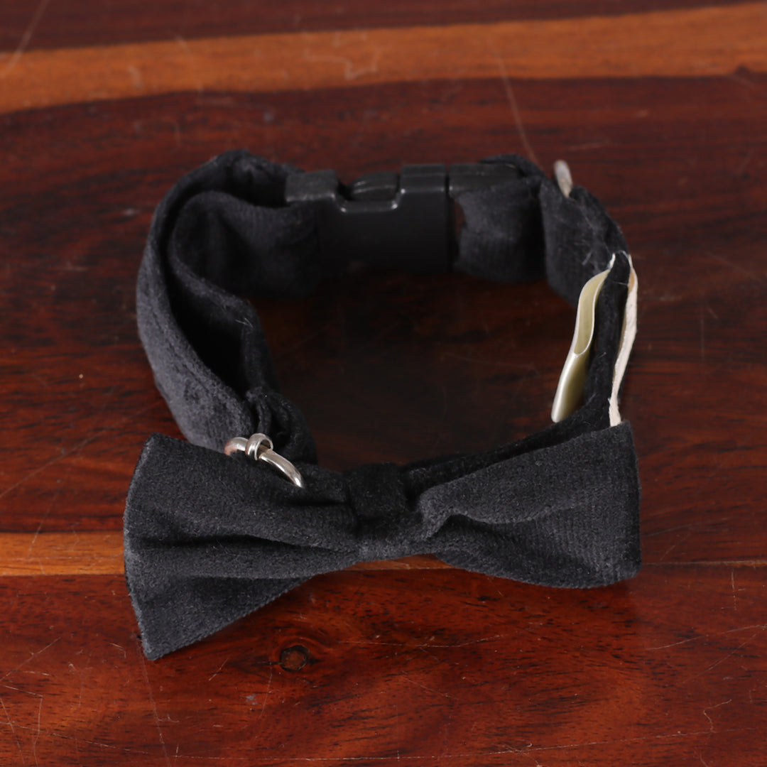 Faux Velvet Adjustable Pet Collar with Bow Tie in Onyx - Royal Elegance in Onyx
