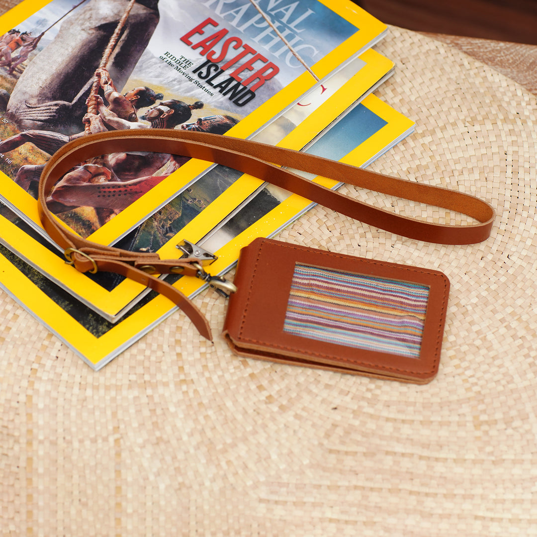 Handcrafted Brown Leather Card Wallet with Cotton Accent - Chic Minimalism