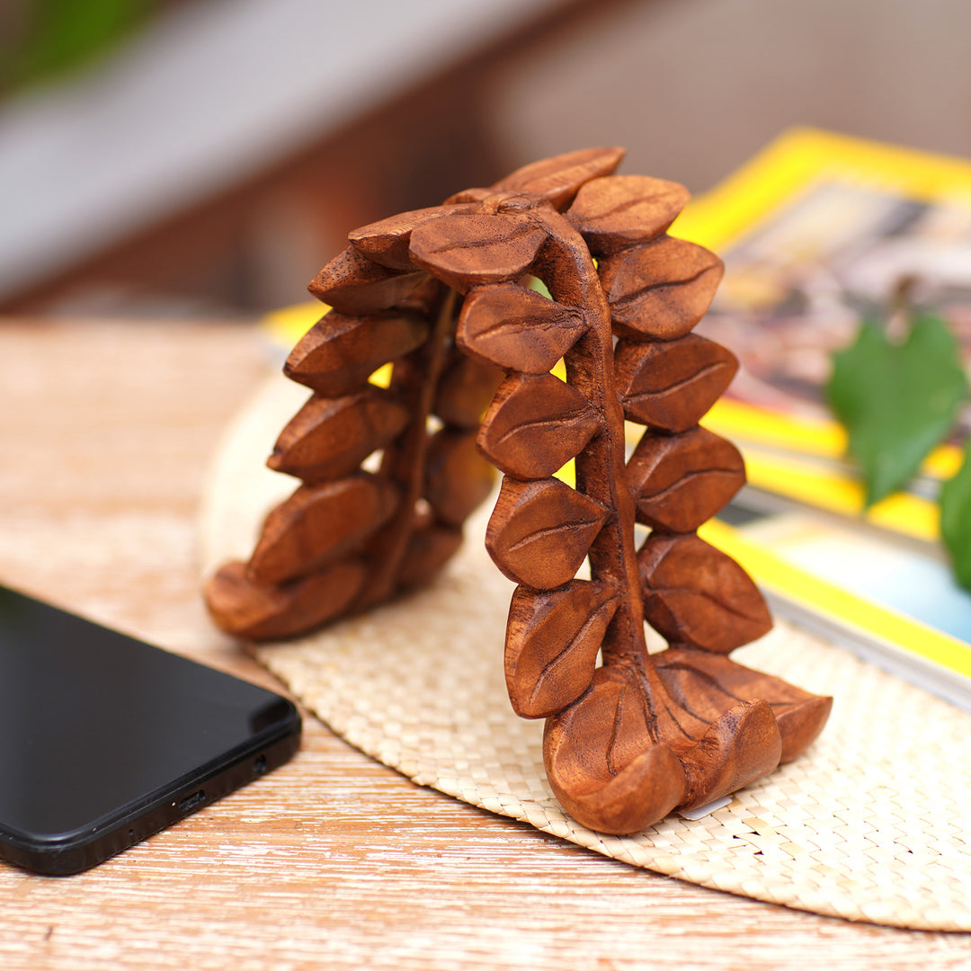 Hand-Carved Polished Leafy Jempinis Wood Phone Holder - The Leaves