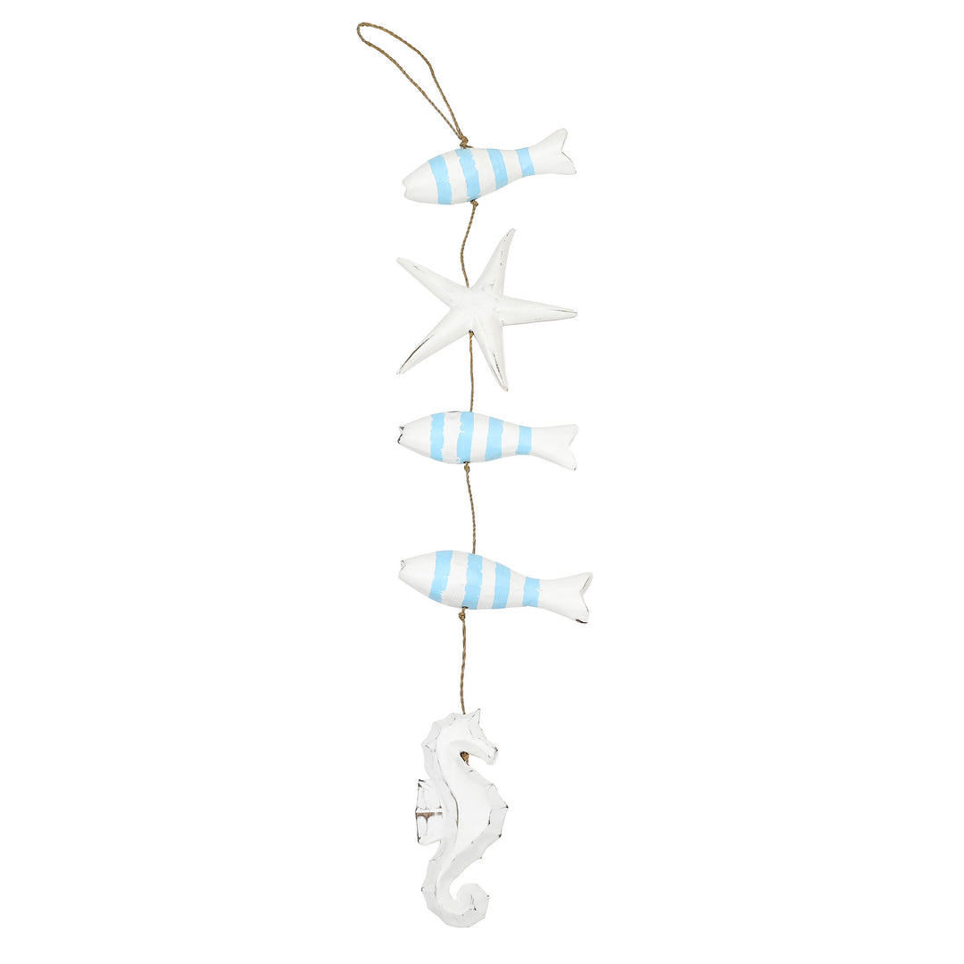 Hand-Carved Marine-Themed White and Blue Albesia Wood Mobile - Aquatic Realm in Blue