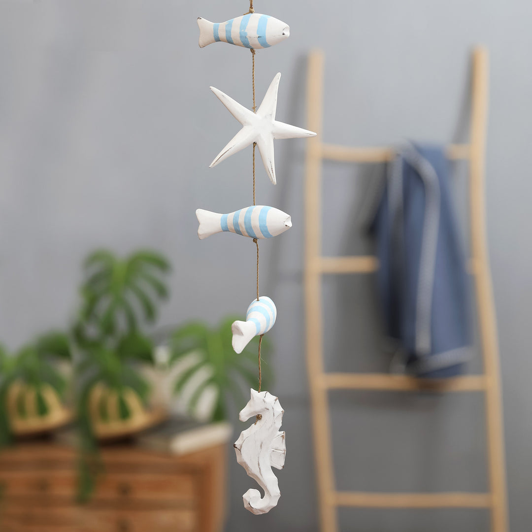 Hand-Carved Marine-Themed White and Blue Albesia Wood Mobile - Aquatic Realm in Blue