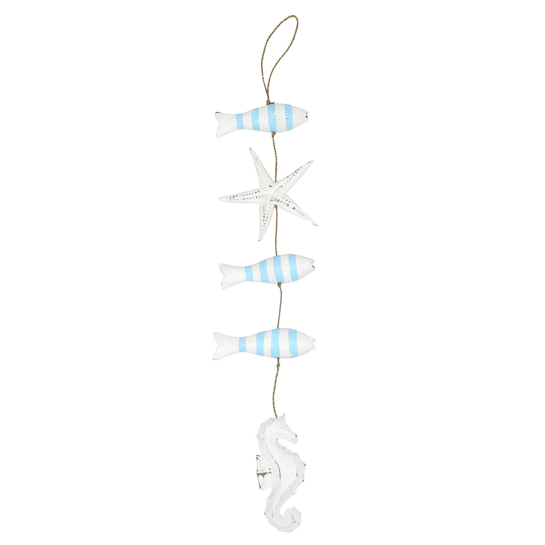 Hand-Carved Marine-Themed White and Blue Albesia Wood Mobile - Aquatic Realm in Blue