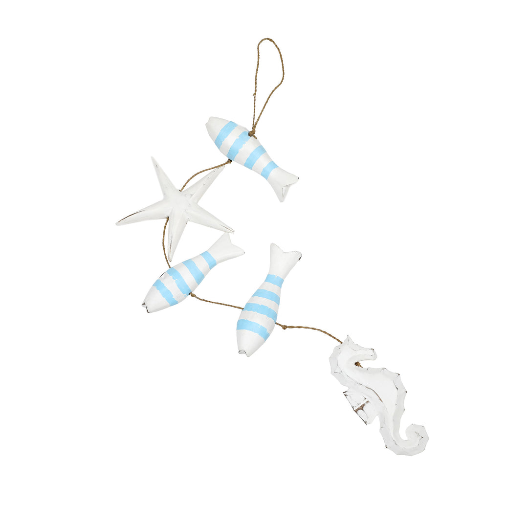 Hand-Carved Marine-Themed White and Blue Albesia Wood Mobile - Aquatic Realm in Blue