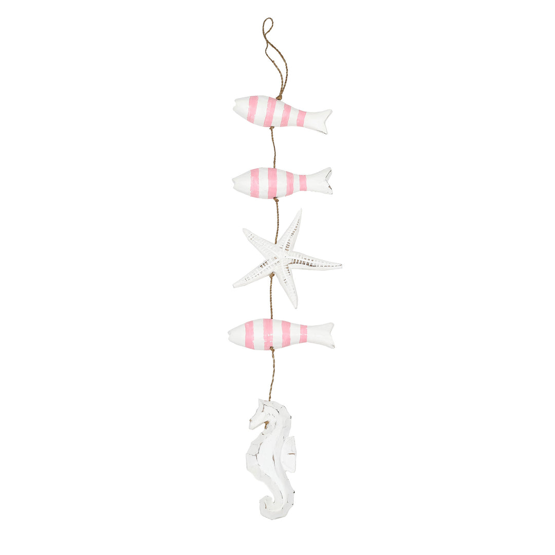 Hand-Carved Marine-Themed White and Pink Albesia Wood Mobile - Aquatic Realm in Pink