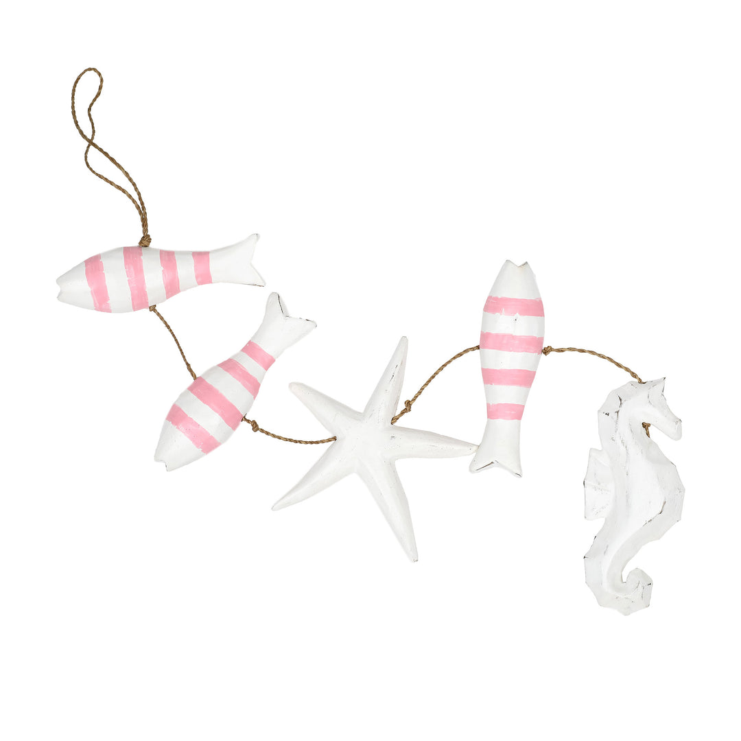 Hand-Carved Marine-Themed White and Pink Albesia Wood Mobile - Aquatic Realm in Pink