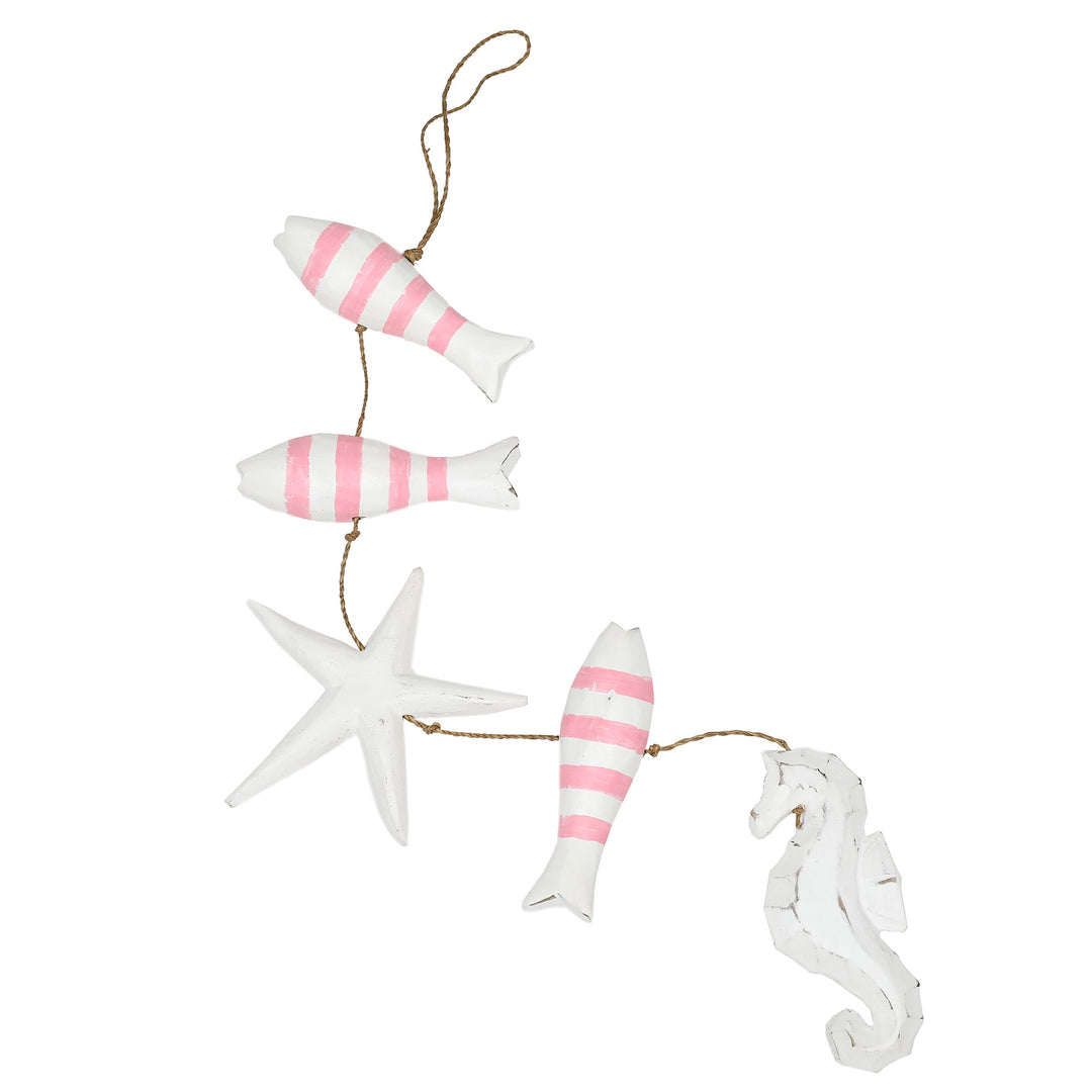 Hand-Carved Marine-Themed White and Pink Albesia Wood Mobile - Aquatic Realm in Pink