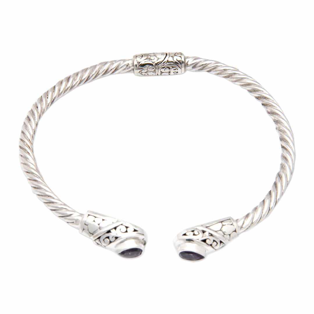 Balinese Sterling Silver Cuff Bracelet with Amethyst Gems - Spiritual Fates