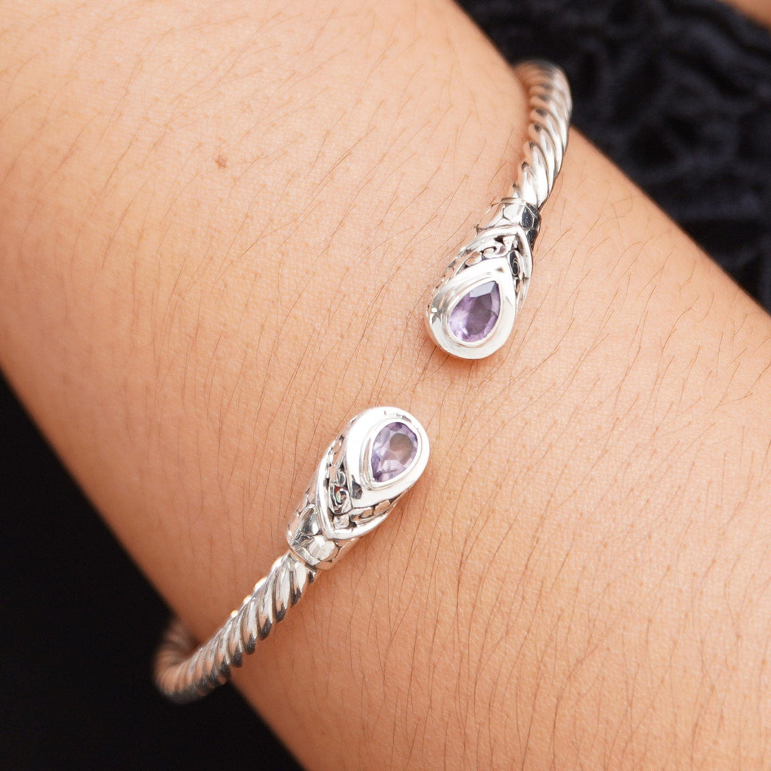 Balinese Sterling Silver Cuff Bracelet with Amethyst Gems - Spiritual Fates