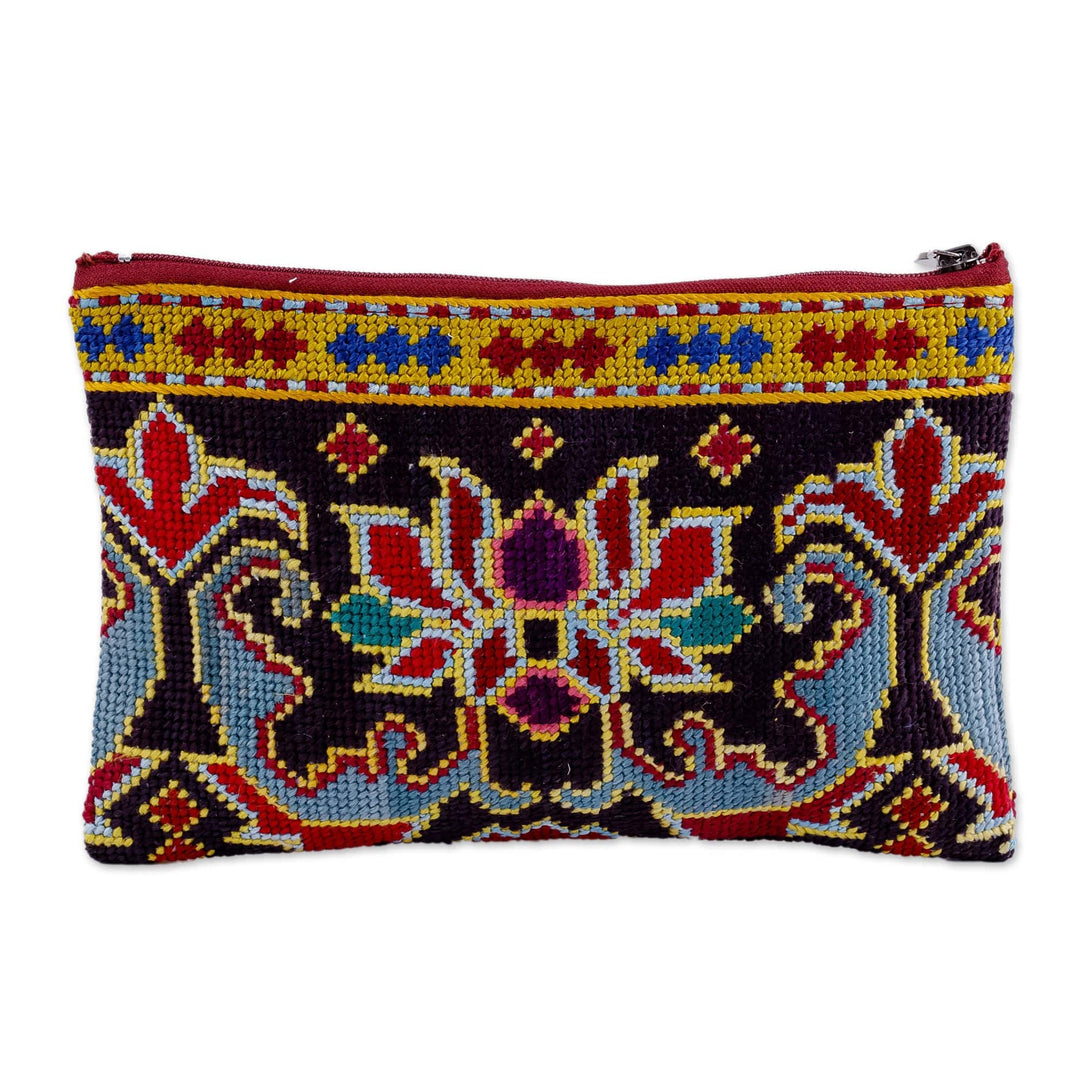 Classic Floral Iroki Embroidered Purple Silk Cosmetic Bag - Palatial Bouquet