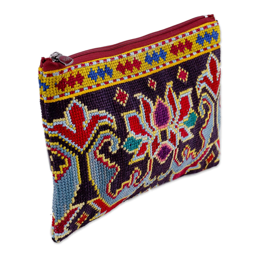 Classic Floral Iroki Embroidered Purple Silk Cosmetic Bag - Palatial Bouquet