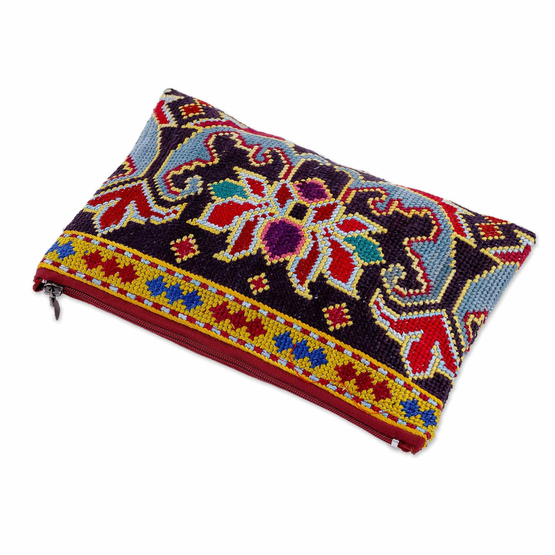 Classic Floral Iroki Embroidered Purple Silk Cosmetic Bag - Palatial Bouquet