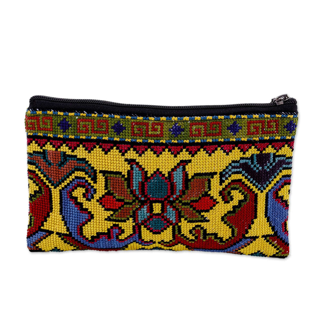 Classic Floral Iroki Embroidered Yellow Silk Cosmetic Bag - Morning Bouquet