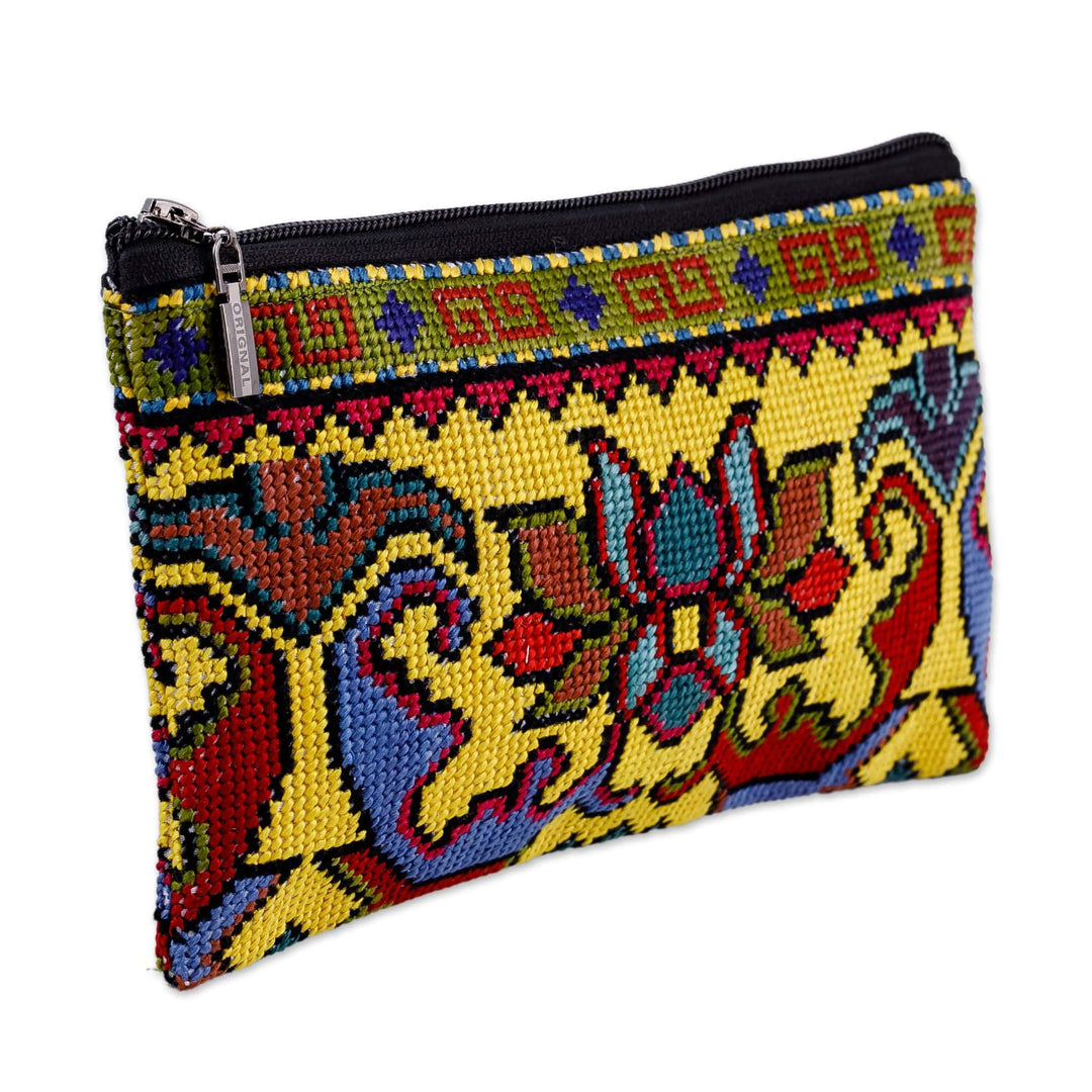 Classic Floral Iroki Embroidered Yellow Silk Cosmetic Bag - Morning Bouquet