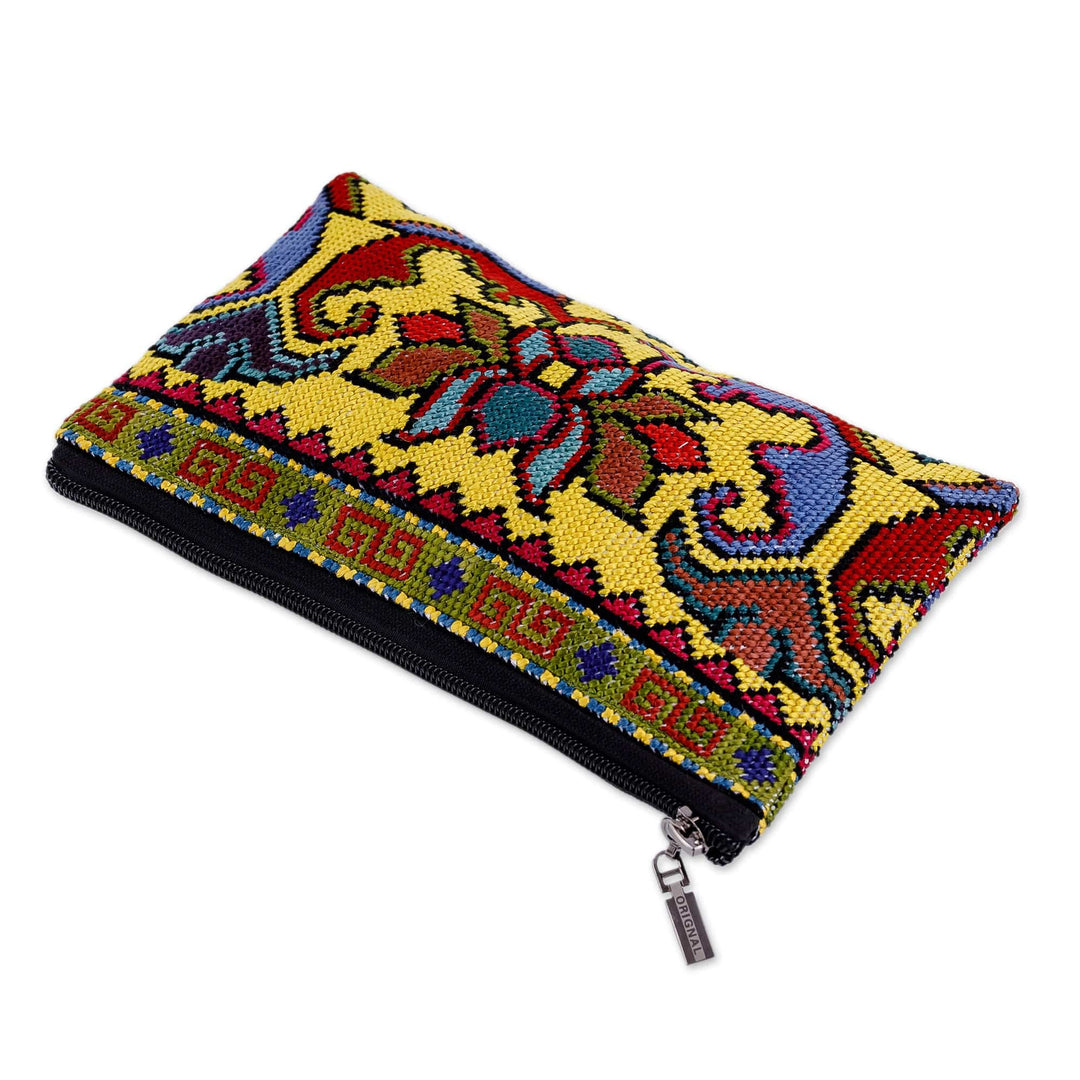 Classic Floral Iroki Embroidered Yellow Silk Cosmetic Bag - Morning Bouquet