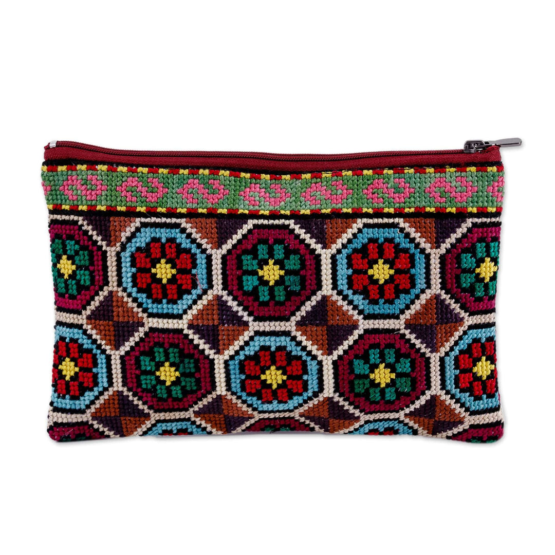 Floral Mosaic Iroki Embroidered Vibrant Silk Cosmetic Bag - Magic Mosaic