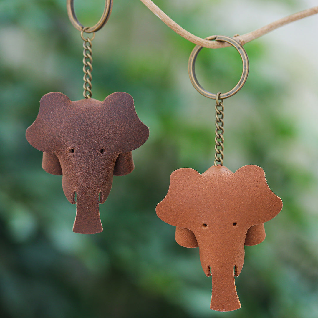 Set of Two Elephant-Themed Leather Keychains in Brown Hues - Chocolate Trunks