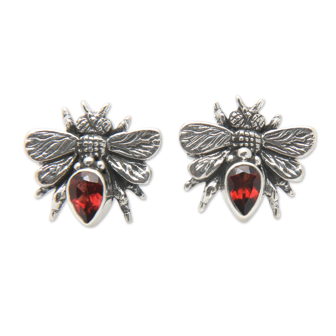Sterling Silver Bee Button Earrings with Garnet Jewels - Bee Passionate