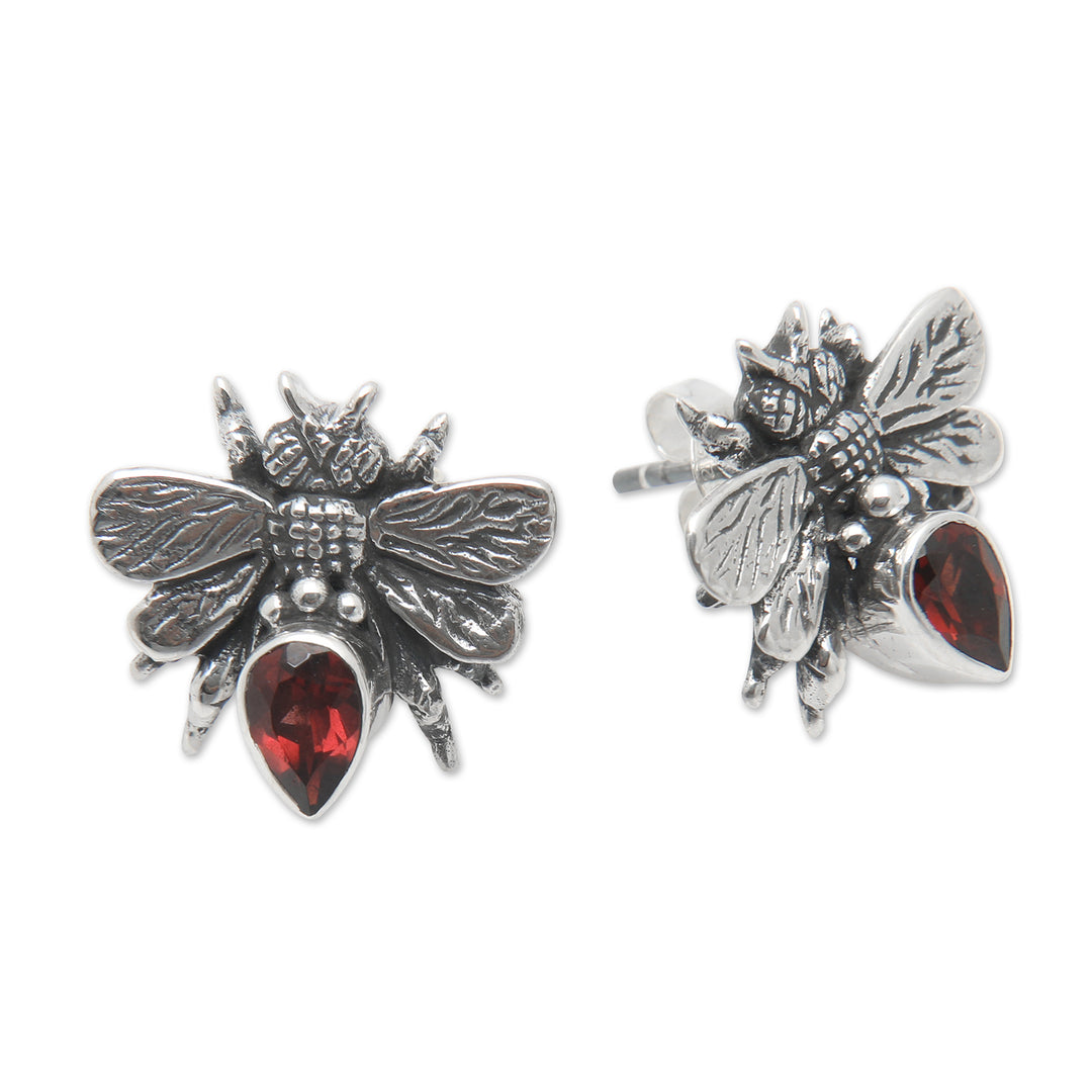 Sterling Silver Bee Button Earrings with Garnet Jewels - Bee Passionate