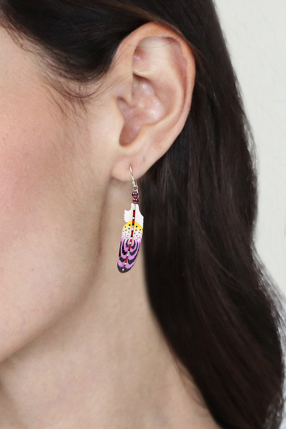 Handcrafted Purple Feather Dangle Earrings with Garnet Beads - Wisdom Feathers