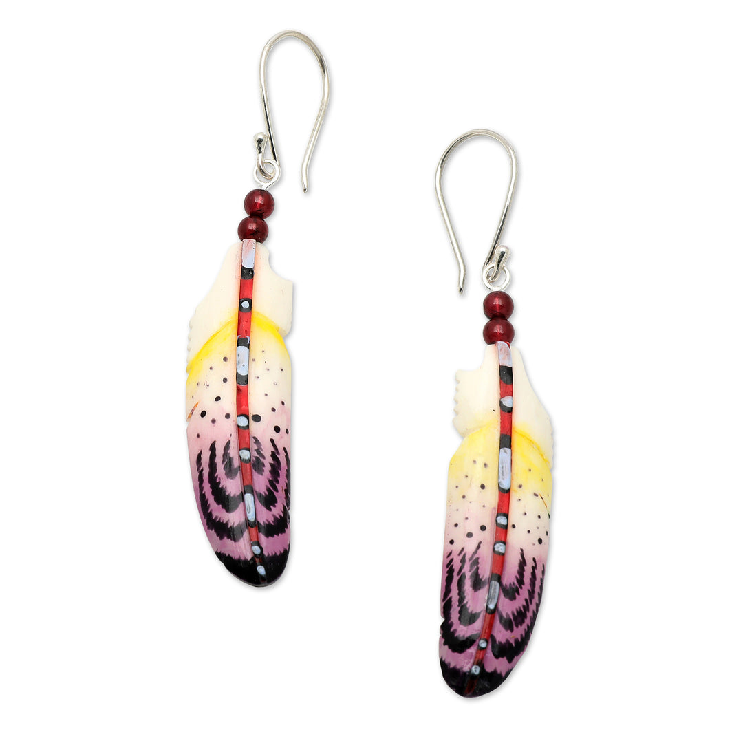 Handcrafted Purple Feather Dangle Earrings with Garnet Beads - Wisdom Feathers