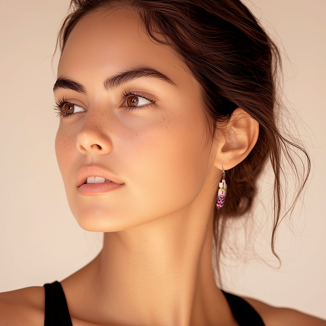 Handcrafted Purple Feather Dangle Earrings with Garnet Beads - Wisdom Feathers