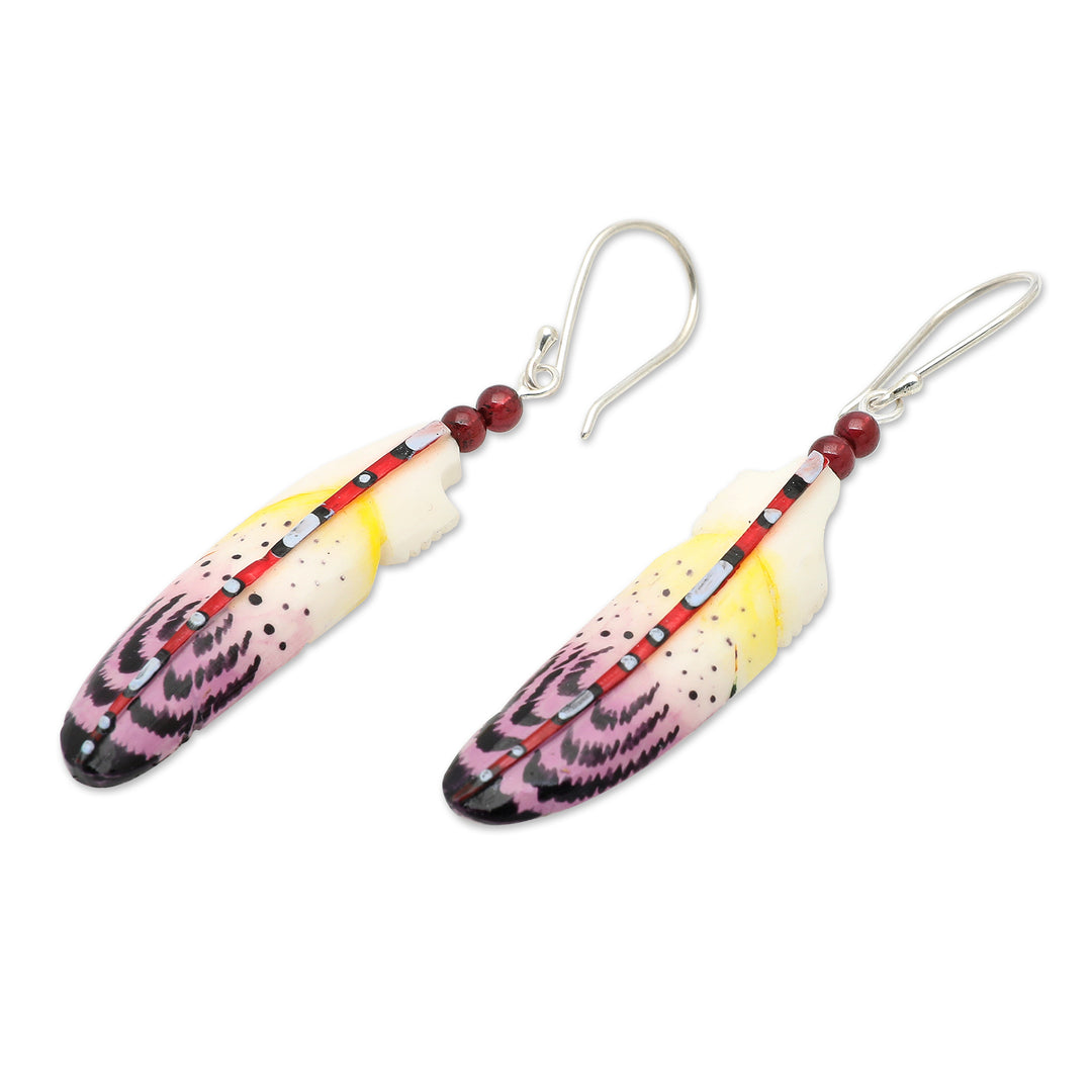 Handcrafted Purple Feather Dangle Earrings with Garnet Beads - Wisdom Feathers